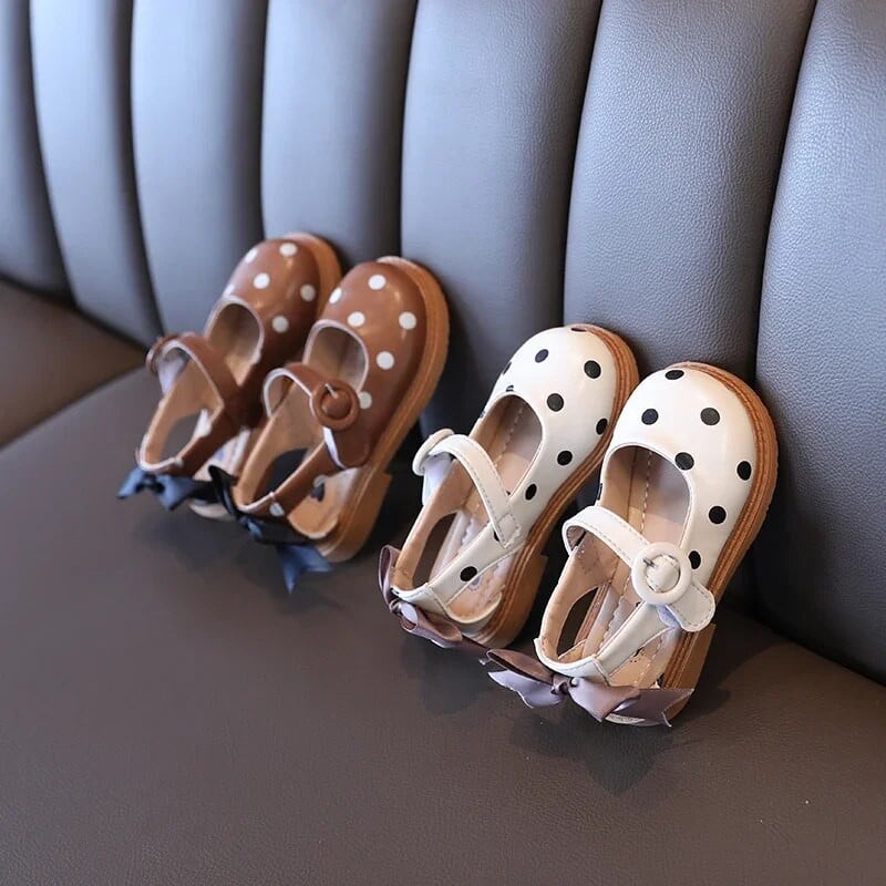Dievčenské topánky Mary Janes Elegantné detské kožené topánky s motýlikom vzadu, béžovo-kaki, štvorročné, 21-30, bodkované, svetlé detské topánky