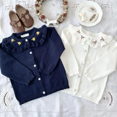 Detský detský kardigan sveter s výšivkou pre dievčatá s dlhým rukávom, jesenný pletený top s kvetinovým vzorom, princeznovský sveter pre bábätká, oblečenie