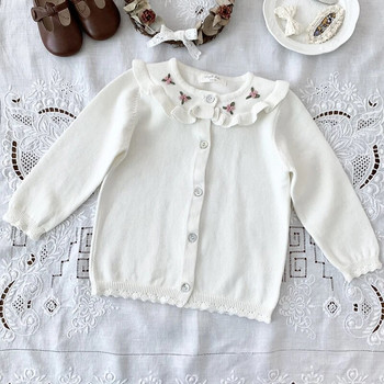 Детска бебешка жилетка, пуловер с бродерия, палто с дълъг ръкав за момичета, есенно бебешко плетено горно пуловер с цветя, бебешко облекло
