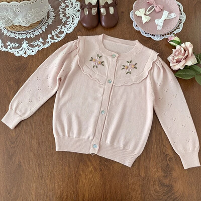 Detský detský kardigan sveter s výšivkou pre dievčatá s dlhým rukávom, jesenný pletený top s kvetinovým vzorom, princeznovský sveter pre bábätká, oblečenie