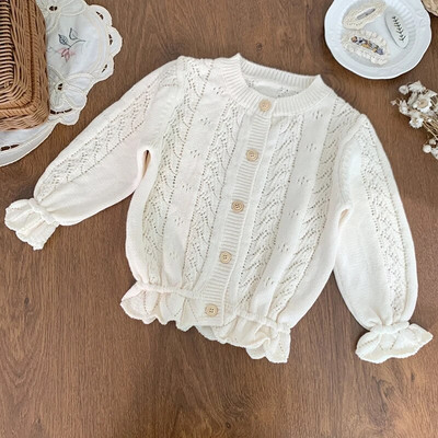 Detský detský kardigan sveter s výšivkou pre dievčatá s dlhým rukávom, jesenný pletený top s kvetinovým vzorom, princeznovský sveter pre bábätká, oblečenie