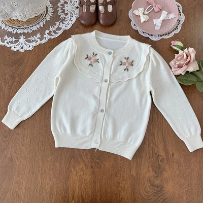 Detský detský kardigan sveter s výšivkou pre dievčatá s dlhým rukávom, jesenný pletený top s kvetinovým vzorom, princeznovský sveter pre bábätká, oblečenie