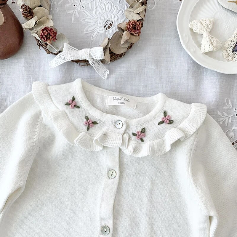 Detský detský kardigan sveter s výšivkou pre dievčatá s dlhým rukávom, jesenný pletený top s kvetinovým vzorom, princeznovský sveter pre bábätká, oblečenie