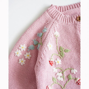 Бебе момиче плетена жилетка принцеса пуловер флорална бродерия ягода бебето малко дете детски пуловер екипировка есенна плетена жилетка