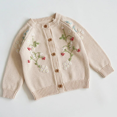 Cardigan tricot pentru fetiță Pulover prințesă Broderie florală Căpșuni Bebeluș copil mic Pulover ținută Cardigan tricot de toamnă