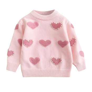 Детски пуловер с дълъг ръкав Суичъри Зимни топли връхни дрехи Горнища Есен Ежедневни сладък любовен принт Плетен пуловер за бебешки момичета