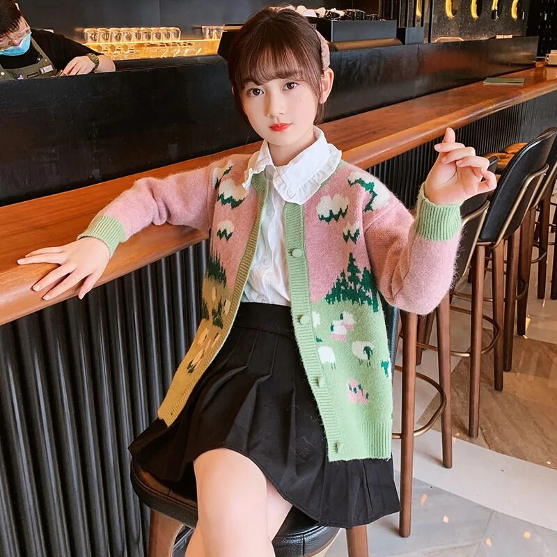 Lastele kootud kampsun 2023, uued tüdrukud vabaaja lapitehnikas prindiga kampsun Tüdrukute kampsun Sügistalv väikelaste laste tüdrukute riided