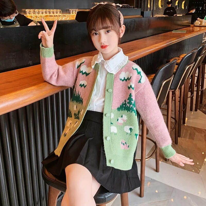 Lastele kootud kampsun 2023, uued tüdrukud vabaaja lapitehnikas prindiga kampsun Tüdrukute kampsun Sügistalv väikelaste laste tüdrukute riided