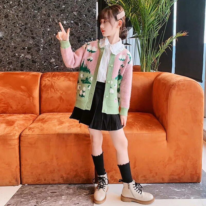 Lastele kootud kampsun 2023, uued tüdrukud vabaaja lapitehnikas prindiga kampsun Tüdrukute kampsun Sügistalv väikelaste laste tüdrukute riided