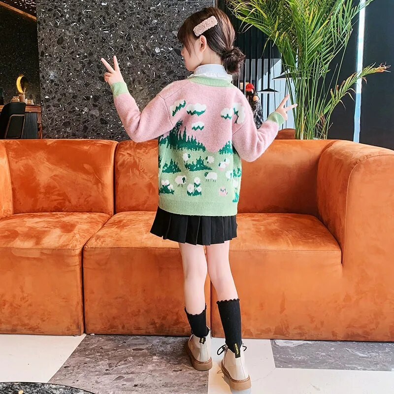 Lastele kootud kampsun 2023, uued tüdrukud vabaaja lapitehnikas prindiga kampsun Tüdrukute kampsun Sügistalv väikelaste laste tüdrukute riided