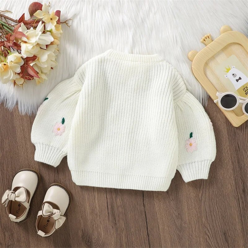 Pudcoco dievčenský zimný sveter s okrúhlym výstrihom, dlhým rukávom, kvetinovým vzorom, pletené pulóvre, topy, detské voľné tričko, 6M-3T