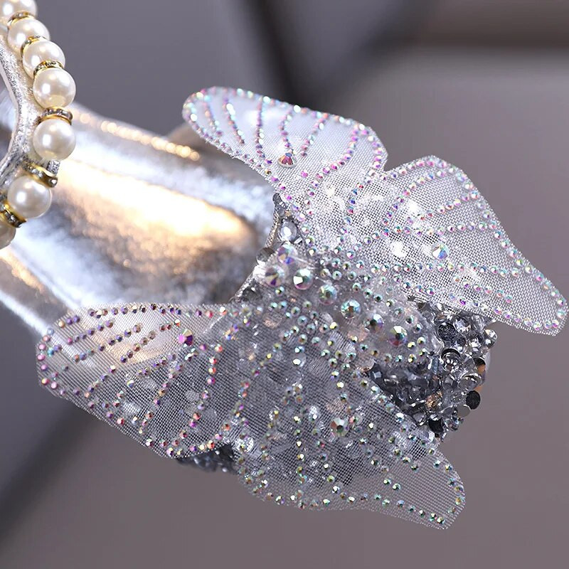 ULKNN copii mici pantofi fete copii pantofi din piele pentru petrecere de nunta performanță dantelă fluture stras perle bling cu margele
