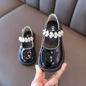 Лачени обувки за момичета за сватбено парти Черни бели ученически обувки Детски перлени обувки на принцеса Модни универсални Mary Janes