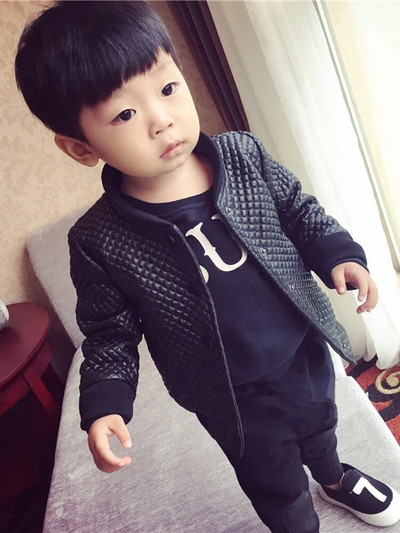 Chlapčenská kožená bunda, jarná jesenná detská módna krátka bunda, kockovaná batoľacia, detské oblečenie z PU kože XMP11