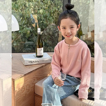 Κοριτσίστικο κοντό απλό γράμμα πλεκτή ζακέτα με φερμουάρ Παιδικά πουλόβερ με κορεάτικο νήμα πουλόβερ