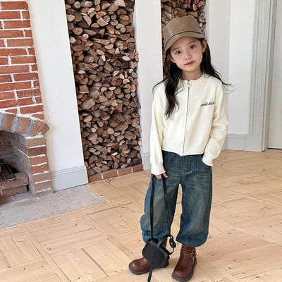 Dievčenský krátky jednoduchý pletený kardigan so zipsom, detský sveter z kórejskej priadze s jadrom