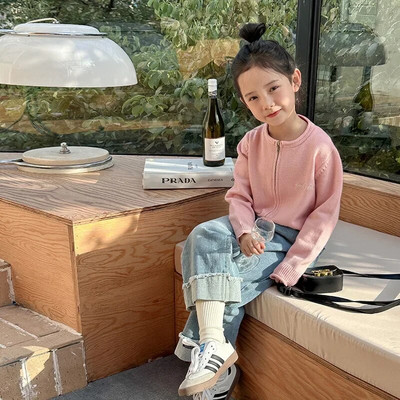 Dievčenský krátky jednoduchý pletený kardigan so zipsom, detský sveter z kórejskej priadze s jadrom