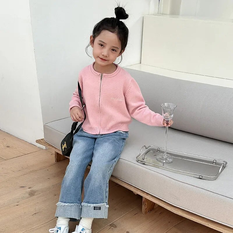 Dievčenský krátky jednoduchý pletený kardigan so zipsom, detský sveter z kórejskej priadze s jadrom