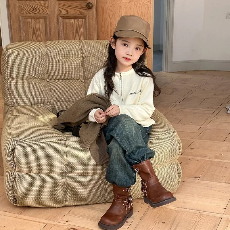 Dievčenský krátky jednoduchý pletený kardigan so zipsom, detský sveter z kórejskej priadze s jadrom