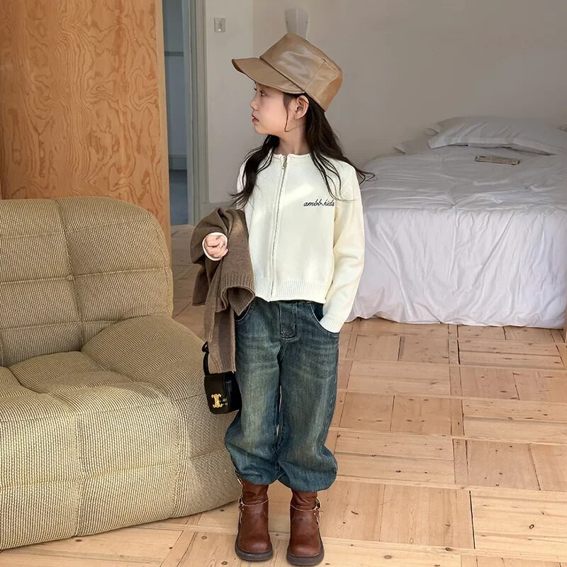 Dievčenský krátky jednoduchý pletený kardigan so zipsom, detský sveter z kórejskej priadze s jadrom