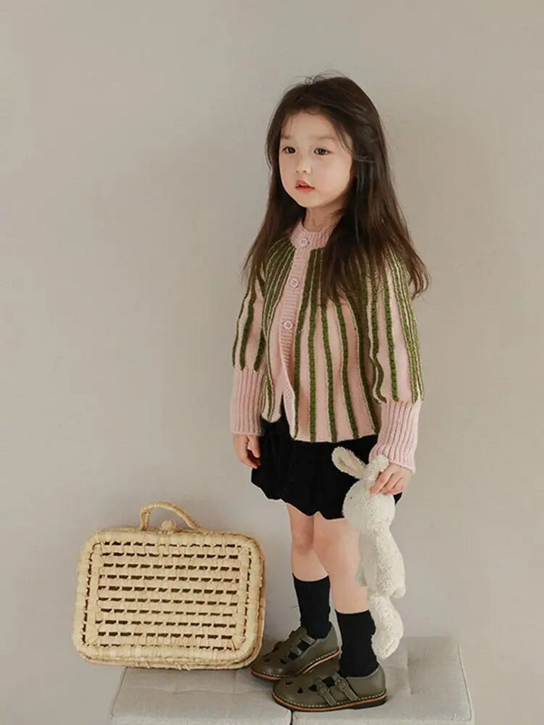 Pulovere cu cusătură deschisă Dungă asortată de culoare Copii Fată nouă Bebeluș Versatil Ocazional Buton Un singur rând Stil versatil