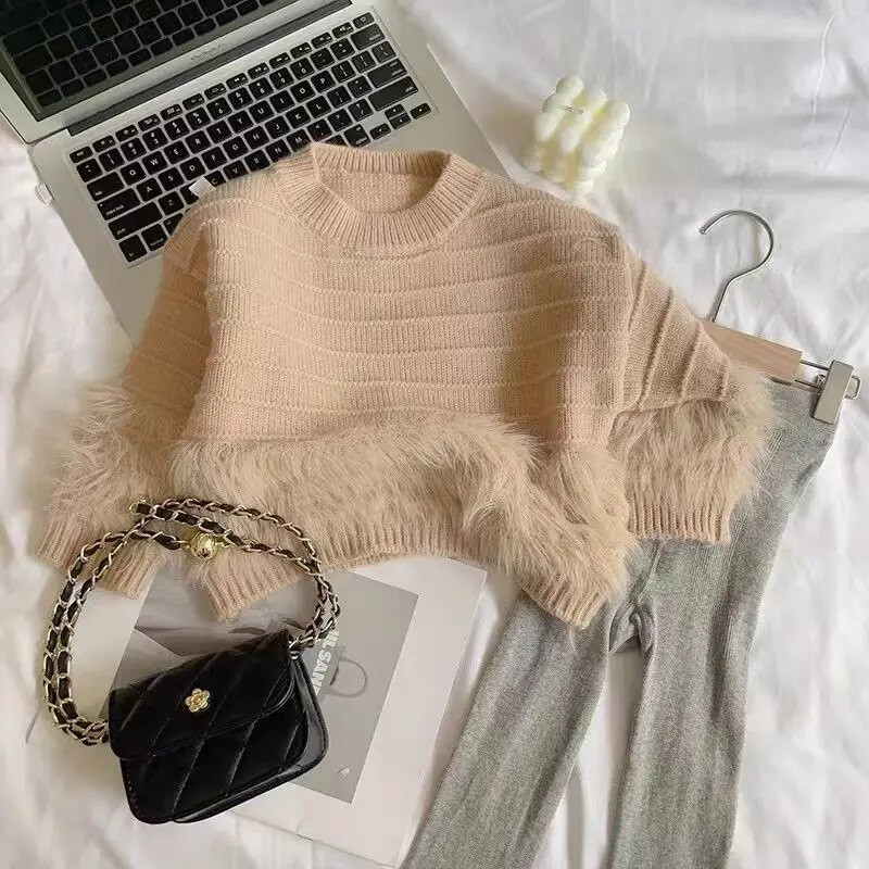 Dievčenský sveter 2023 Dievčenský sveter v zahraničnom štýle, ktorý má na sebe jednofarebný sveter, sveter v kórejskom princeznom štýle, nový dievčenský sveter