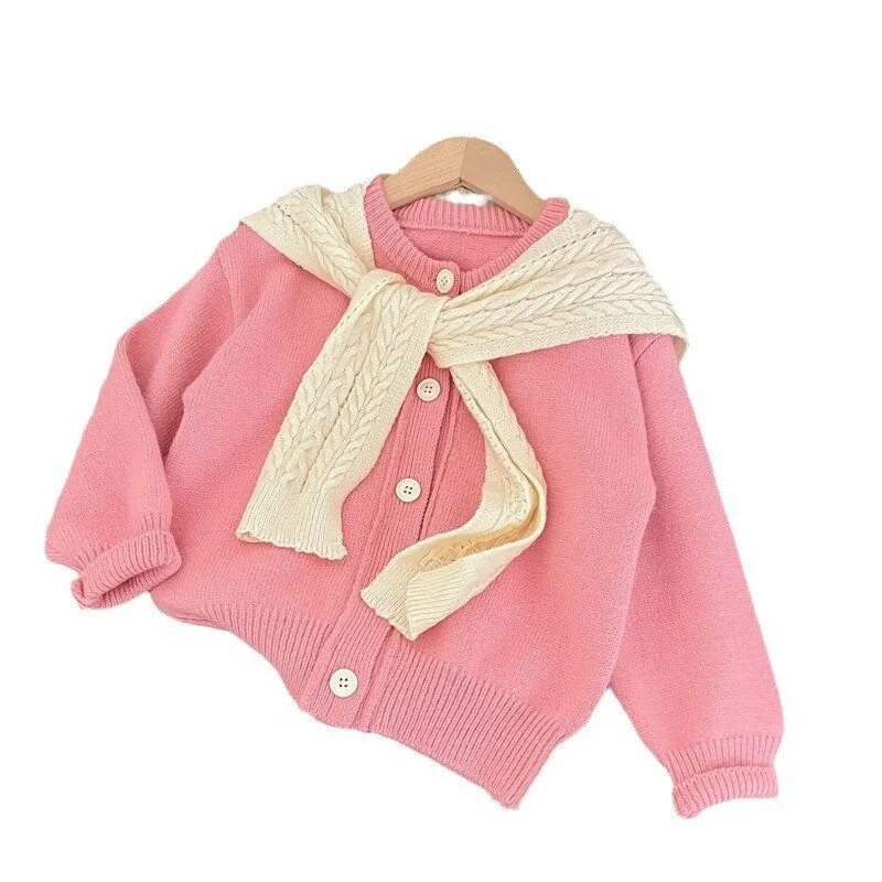 Jesenné a zimné dievčenské pletené oblečenie 2023, bavlnený pletený jednofarebný sveter s dlhým rukávom pre batoľatá a dievčatá s plášťom, detský dievčenský kardigan
