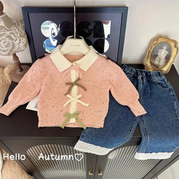 Παιδικά κορίτσια χαριτωμένα πουλόβερ με φιόγκο αντίθεση χρώματος Turn Dwon γιακάς μακρυμάνικο ένα στήθος μαλακά πλεκτά μπλουζάκια 2-8Y Παιδικές ζακέτες