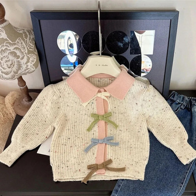 Lastele Tüdrukutele Armsad Bow kampsunid Kontrastvärvi Turn Dwon krae pikkade varrukatega ühe rinnaga pehme trikotaaž topsid 2-8 a Laste kampsunid