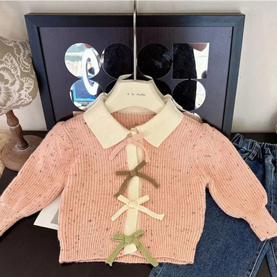 Lastele Tüdrukutele Armsad Bow kampsunid Kontrastvärvi Turn Dwon krae pikkade varrukatega ühe rinnaga pehme trikotaaž topsid 2-8 a Laste kampsunid