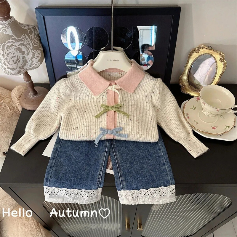 Lastele Tüdrukutele Armsad Bow kampsunid Kontrastvärvi Turn Dwon krae pikkade varrukatega ühe rinnaga pehme trikotaaž topsid 2-8 a Laste kampsunid