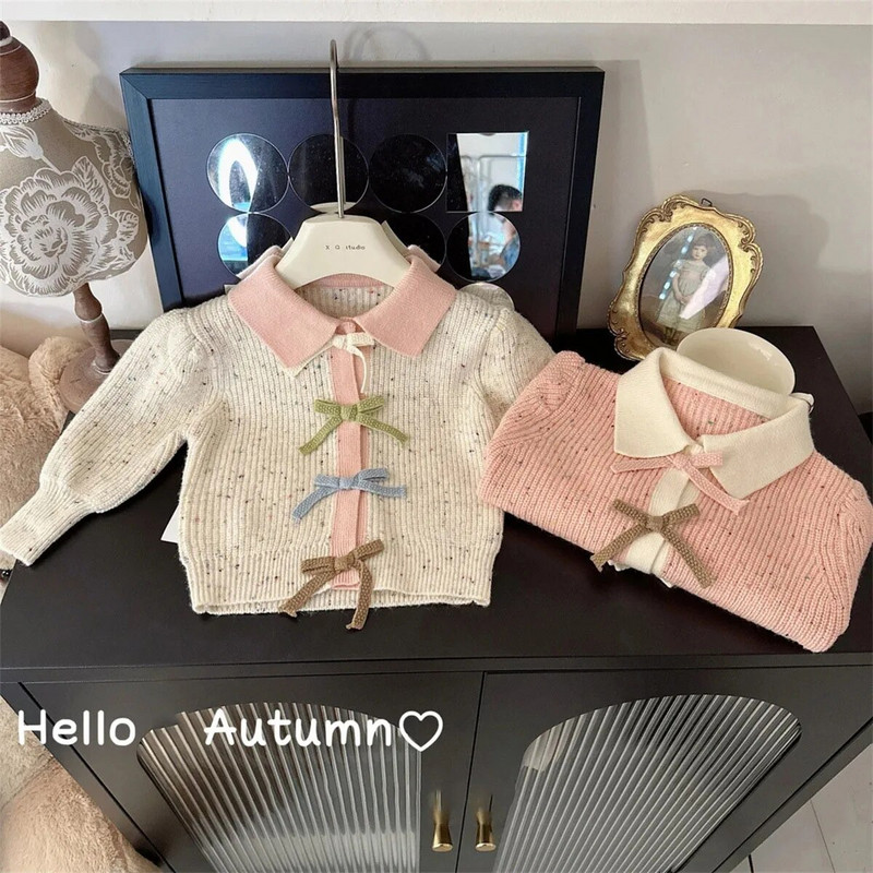 Lastele Tüdrukutele Armsad Bow kampsunid Kontrastvärvi Turn Dwon krae pikkade varrukatega ühe rinnaga pehme trikotaaž topsid 2-8 a Laste kampsunid