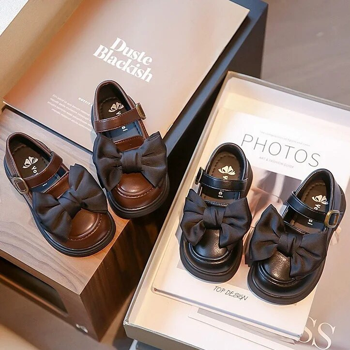 Pantofi pentru copii Pantofi din piele cu vârf rotund, cu fundă simplă, pentru copii, 2024, pantofi noi, moale, drăguți, prințesă, fete, anti-alunecare, școală, pantofi casual pentru copii