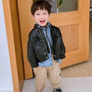 Ново PU кожено яке за момчета от 2023 г. Бебе момче Пролет Есен Бебешко Детско момиче Мотоциклетно палто Корейски стил Черно горно облекло