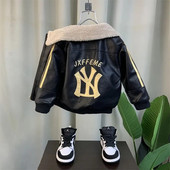 Korea reväär mustad poisid tikitud tõmblukuga nahkmantel Uus ilus laste sügistalvised riided poistele plüüs paks jope