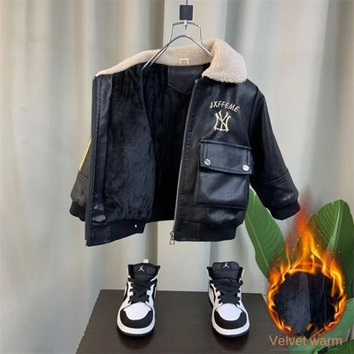 Korea reväär mustad poisid tikitud tõmblukuga nahkmantel Uus ilus laste sügistalvised riided poistele plüüs paks jope