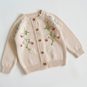 Есенна плетена жилетка Пуловер за момиченце принцеса, флорална бродерия, плетена жилетка с ягоди, бебешко, малко дете, детско пуловерно облекло