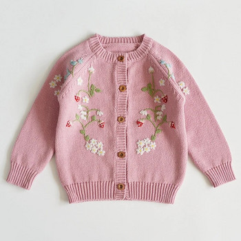 Есенна плетена жилетка Пуловер за момиченце принцеса, флорална бродерия, плетена жилетка с ягоди, бебешко, малко дете, детско пуловерно облекло