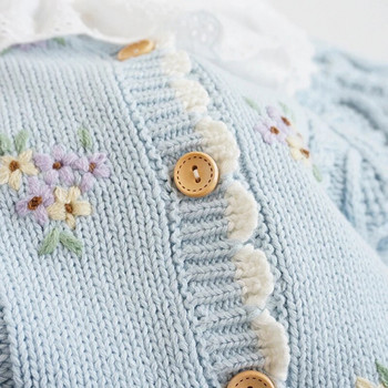 Есенна жилетка за момичета, пуловер с бродерия на цветя, памучен пуловер, горна част, бебешко облекло, плетено палто за малки момичета, зимни дрехи