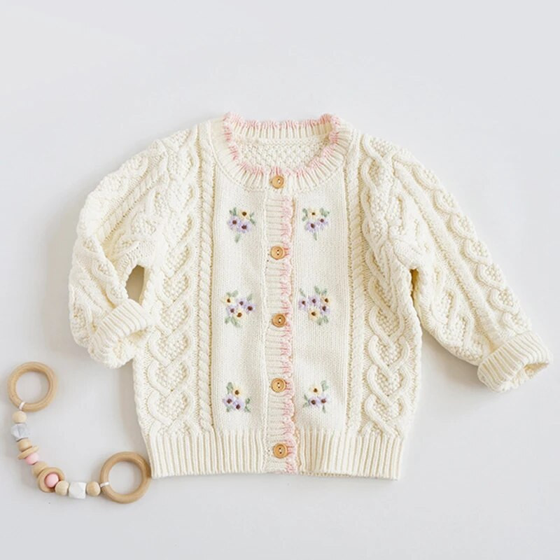 Rudens mergaičių megztinis megztinis su gėlėmis, siuvinėjimas medvilninis megztinis, viršutiniai drabužiai kūdikiams, megzti paltai, žieminiai drabužiai