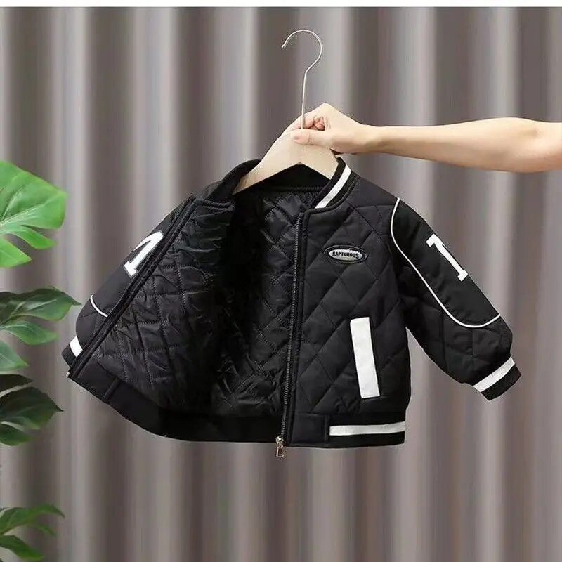 Chlapčenský plyšový zahustený kabát, teplý, jeseň/zima 2023, baseballová bunda, bavlnené oblečenie, zips, potlač písmen, kórejský, 3-10 rokov