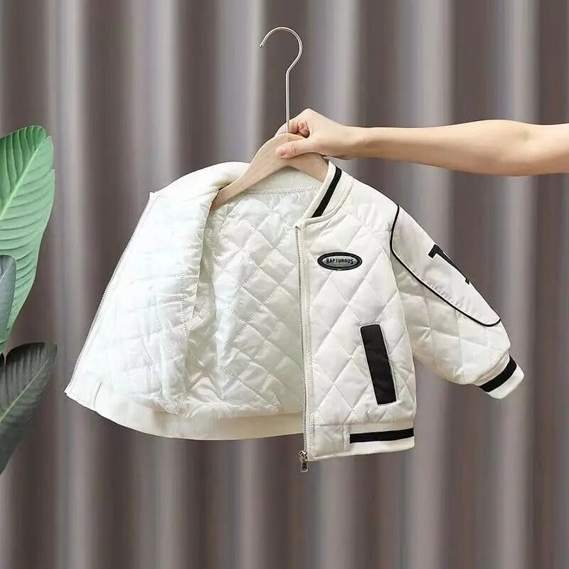 Chlapčenský plyšový zahustený kabát, teplý, jeseň/zima 2023, baseballová bunda, bavlnené oblečenie, zips, potlač písmen, kórejský, 3-10 rokov