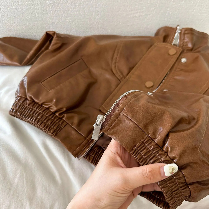 Felsőruházat Gyermek ruházat Kabát Őszi szezon Új fiúk Lányok Retro cipzár Baba Koreai Bőrkabát Tide Kabátok Soild