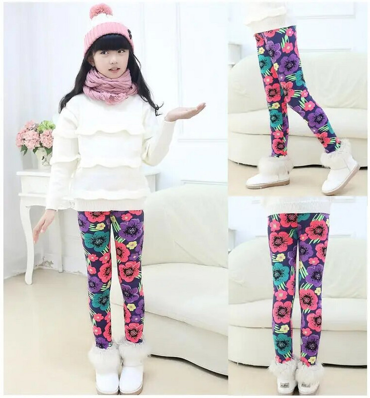 Jesenné a zimné teplé dievčenské nohavice, zamatové zahusťovacie dievčenské legíny s kvetinovou potlačou, detské nohavice, dievčenské nohavice pre vek 2-9 rokov