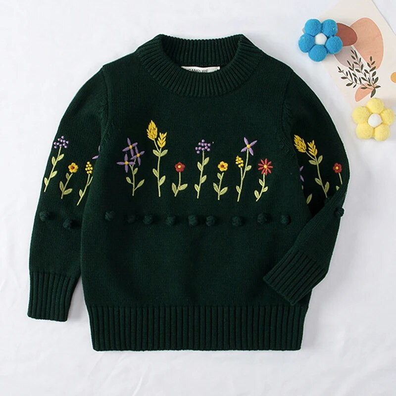 Detský sveter pre bábätká, chlapcov a dievčatká, jeseň/zima, detský sveter s dlhým rukávom a vyšívaným kvetinovým vzorom, pletený sveter
