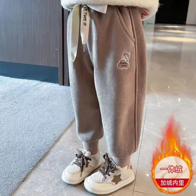 Tüdrukute sügistalvised püksid uued pluss samettrükiga multifilmipüksid Korea vabaaja laste komposiitmaterjalist integreeritud kuhjaga dressipüksid