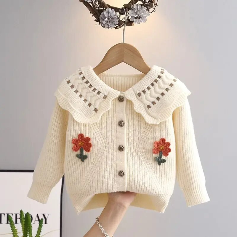 Lastele tüdrukutele lillelised kampsunid Peter Pan kraega puuvillased topid 2023 Uued laste vabaaja kootud kampsun Printsess sügistalveriided