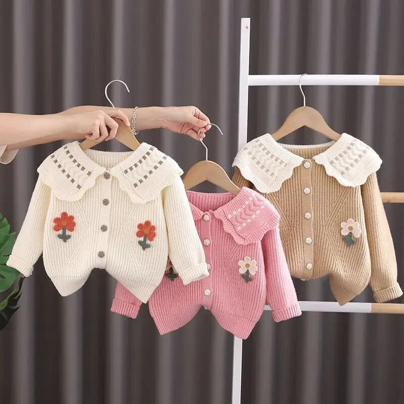 Lastele tüdrukutele lillelised kampsunid Peter Pan kraega puuvillased topid 2023 Uued laste vabaaja kootud kampsun Printsess sügistalveriided