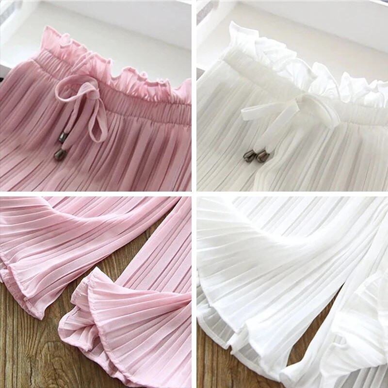 Uued suvetüdrukud korea stiilis laste püksid laia säärega püksid pits šifoonist vöökoht väikelapsele ühevärvilised lahtised plisseeritud püksid