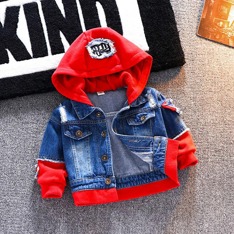 Jarná jesenná chlapčenská džínsová bunda pre deti od 2 do 8 rokov, nová kórejská verzia z roku 2024, módny patchworkový kovbojský kabát s kapucňou, ležérne detské oblečenie